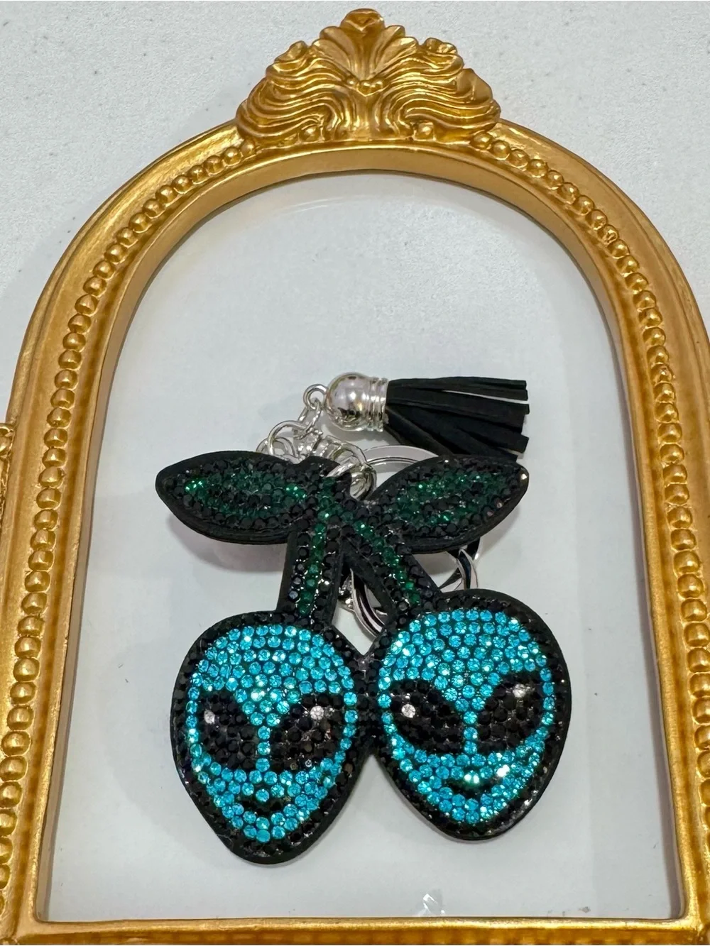 New Crystal Alien Cherries Keychain - Teal & Black